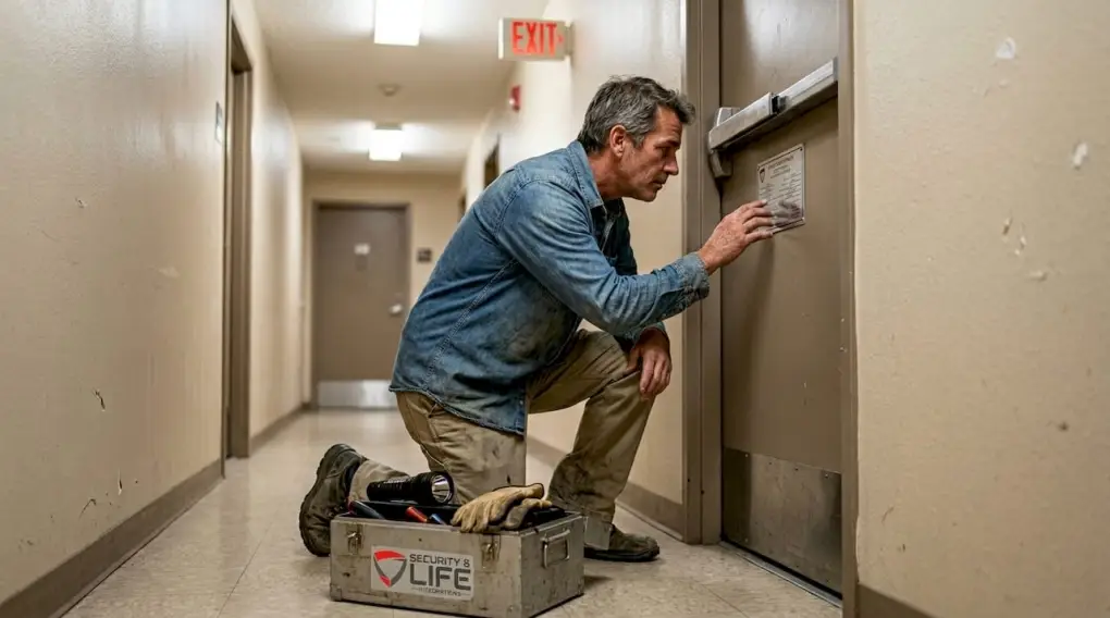 Worker inspecting fire-rated apartment door