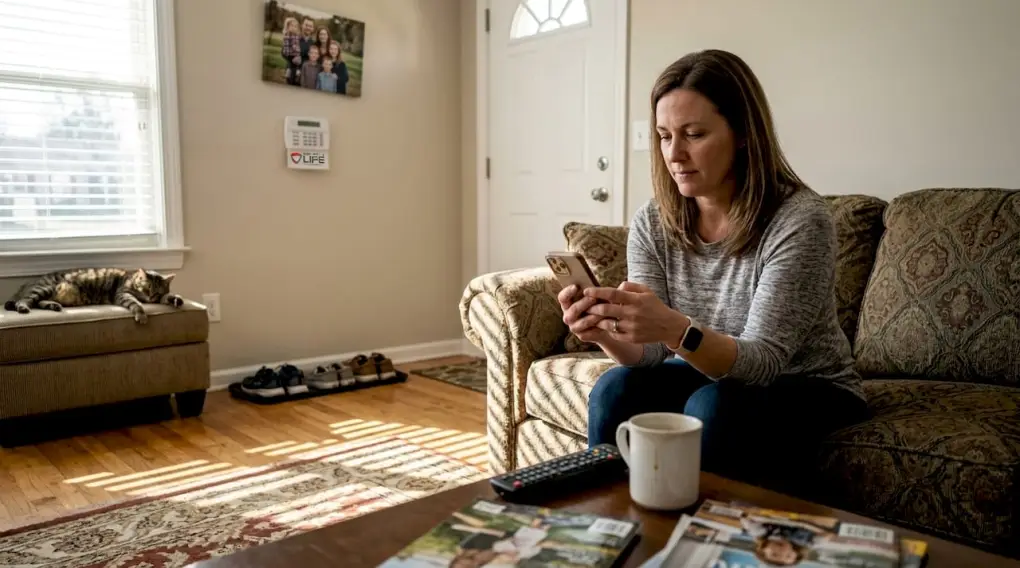 Woman using phone with wireless alarm panel
