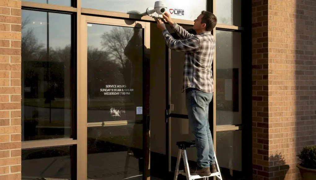 Installing security camera at church entrance