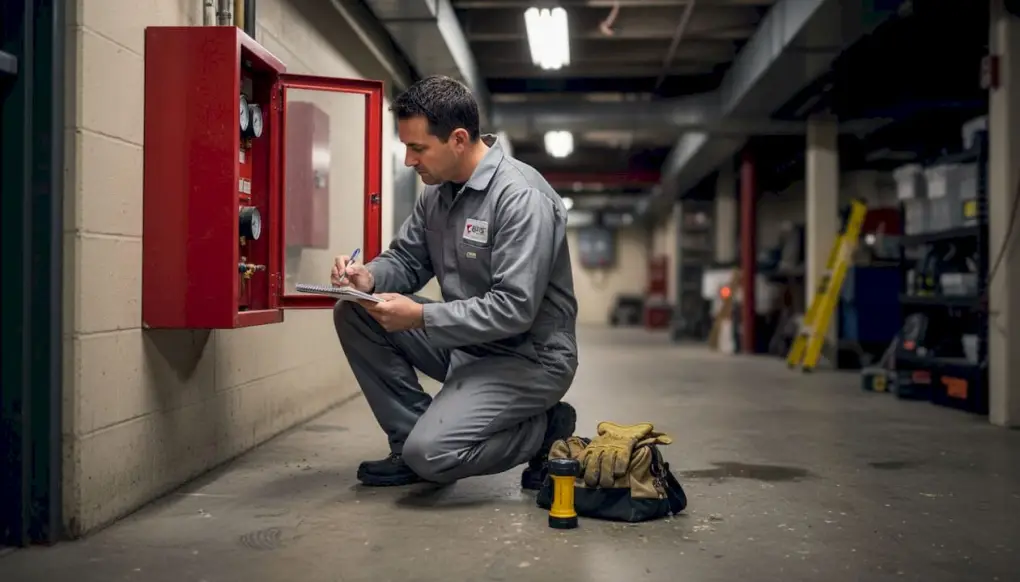 Technician inspecting building fire suppression system
