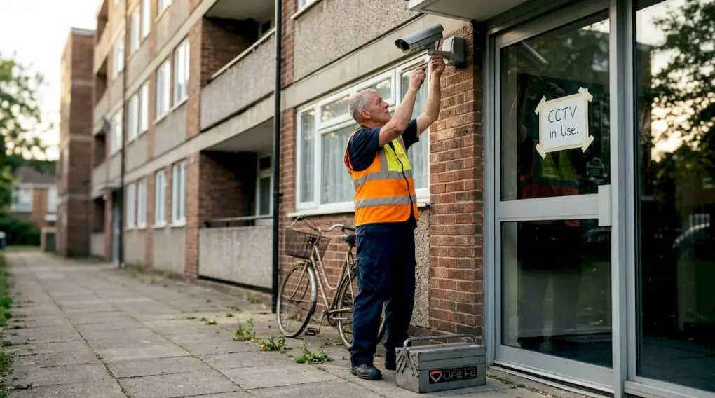 Worker adjusts property surveillance camera outdoors