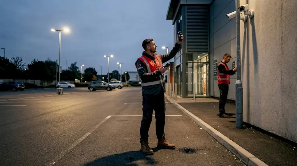 Technician testing CCTV lighting at night
