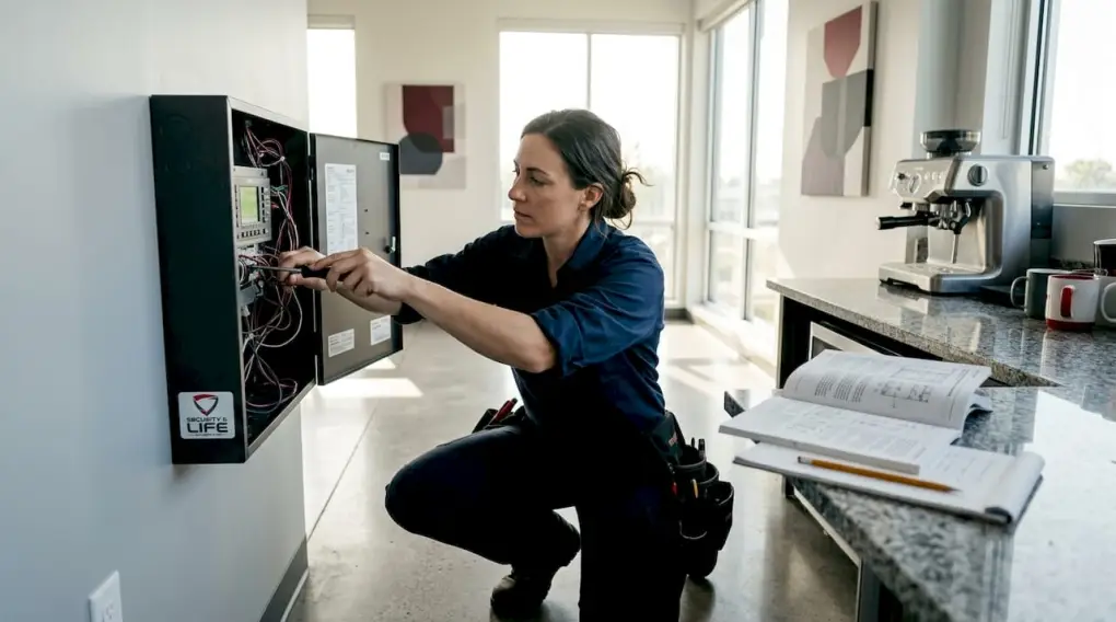 Technician installing fire alarm system wiring