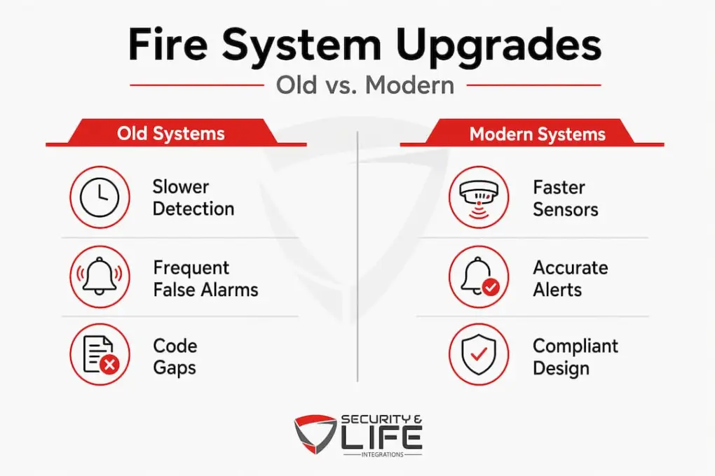 Infographic comparing old and modern fire protection systems
