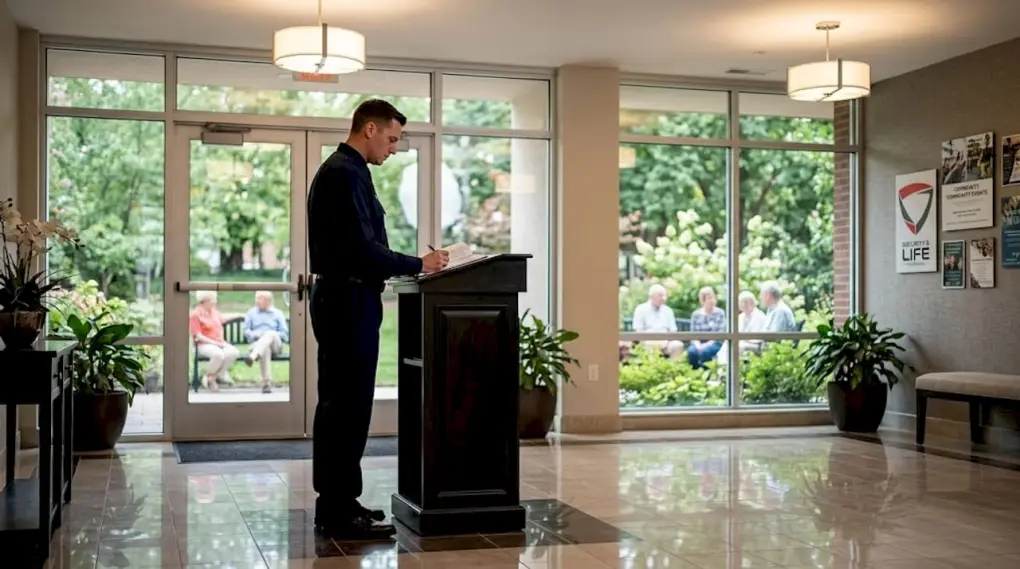 Guard checks visitor log in busy entryway