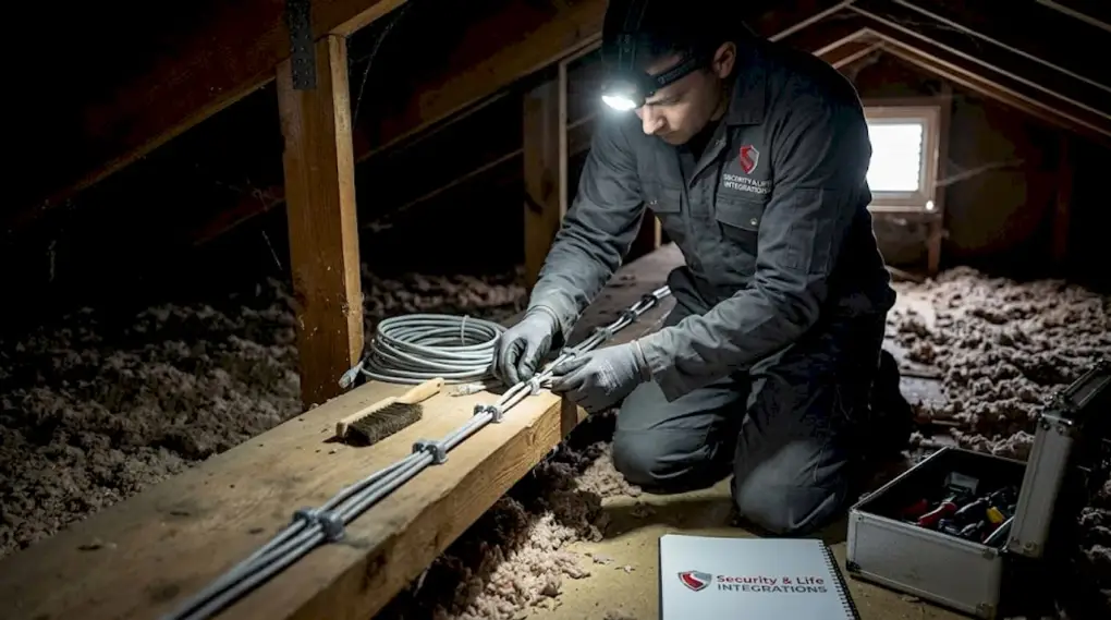 Installer securing cables in attic crawl space