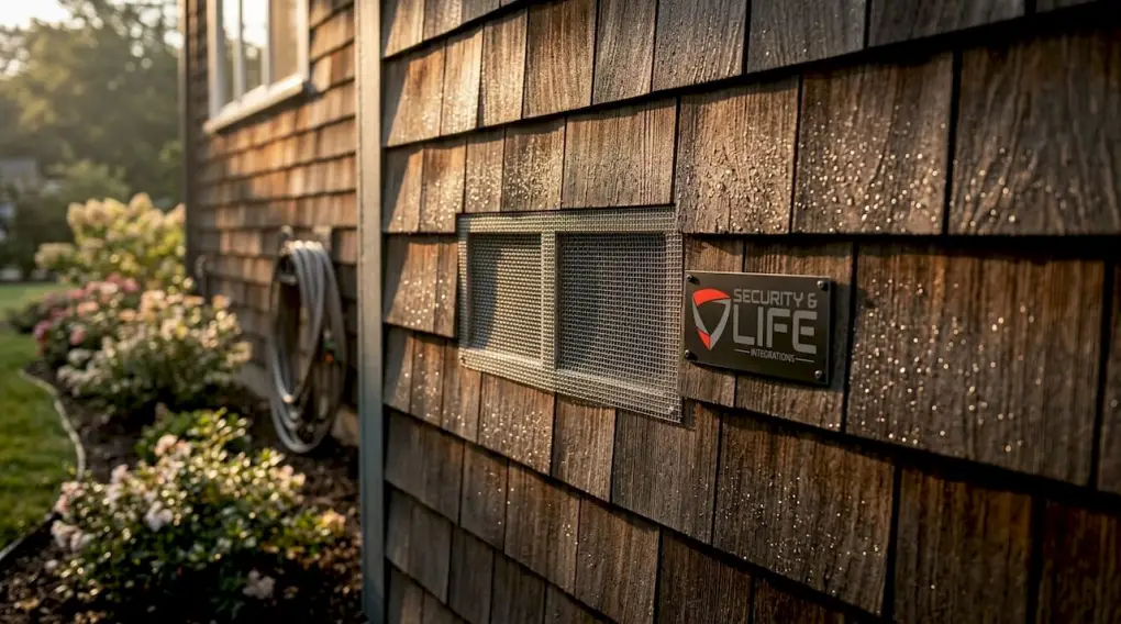 Close-up of mesh covered vents on house exterior